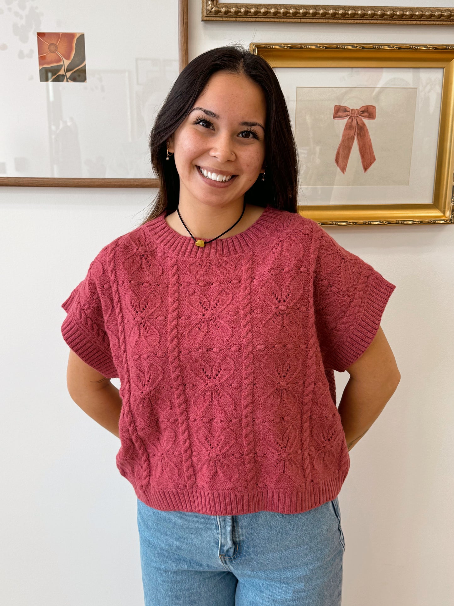 Textured Knit Cap Sleeve Sweater Shirts & Tops