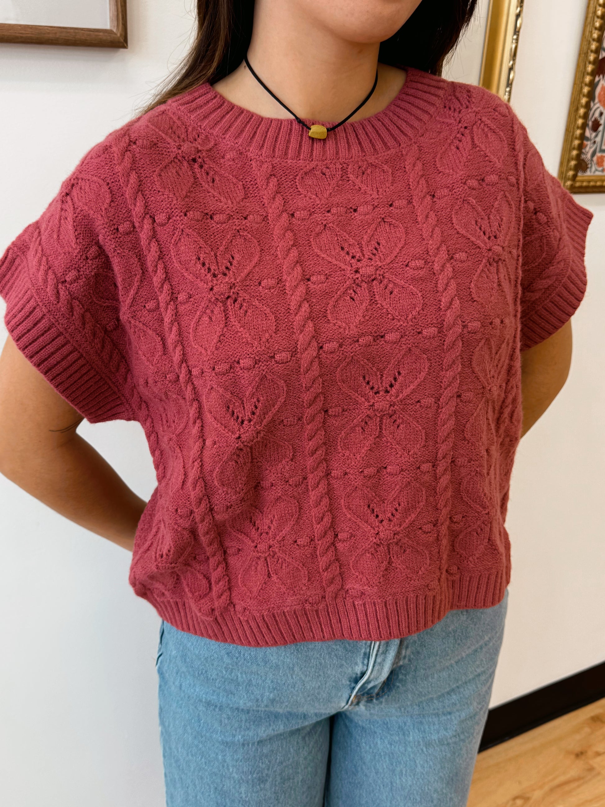 Textured Knit Cap Sleeve Sweater Shirts & Tops