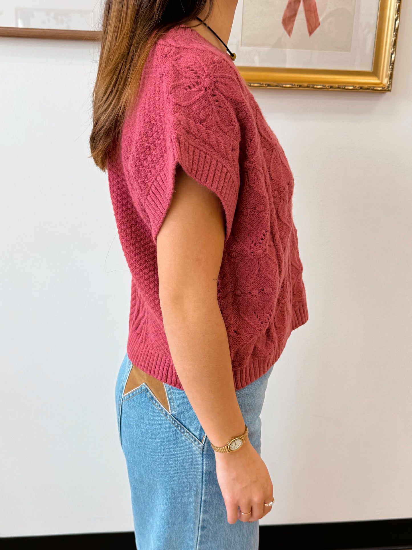 Textured Knit Cap Sleeve Sweater Shirts & Tops