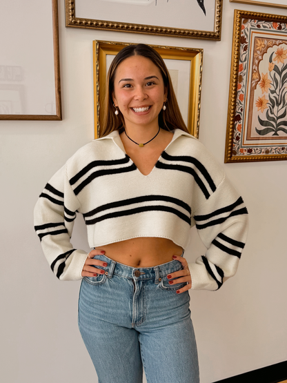 Stripe Crop Collar Top