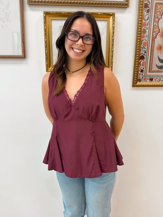 Lace Trim Wine Peplum Top Shirts & Tops