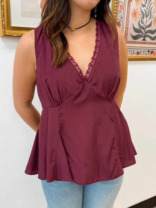 Lace Trim Wine Peplum Top Shirts & Tops