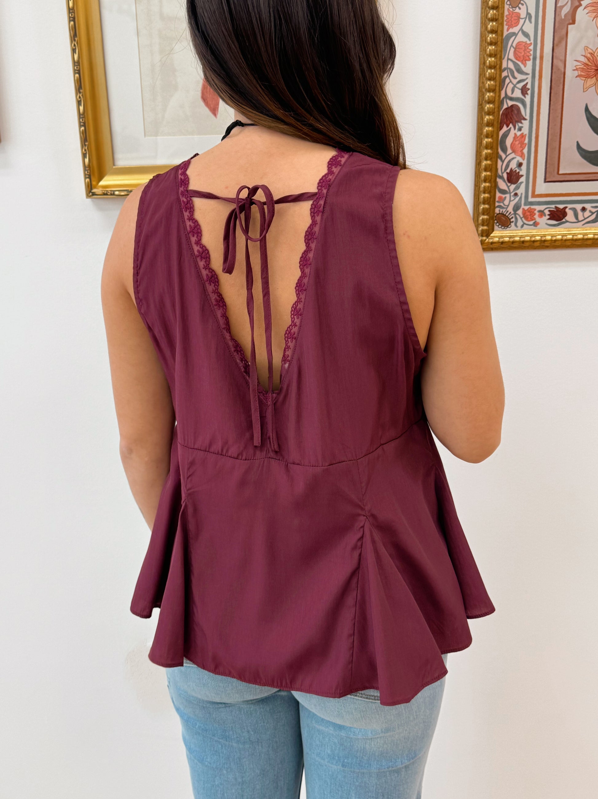 Lace Trim Wine Peplum Top Shirts & Tops