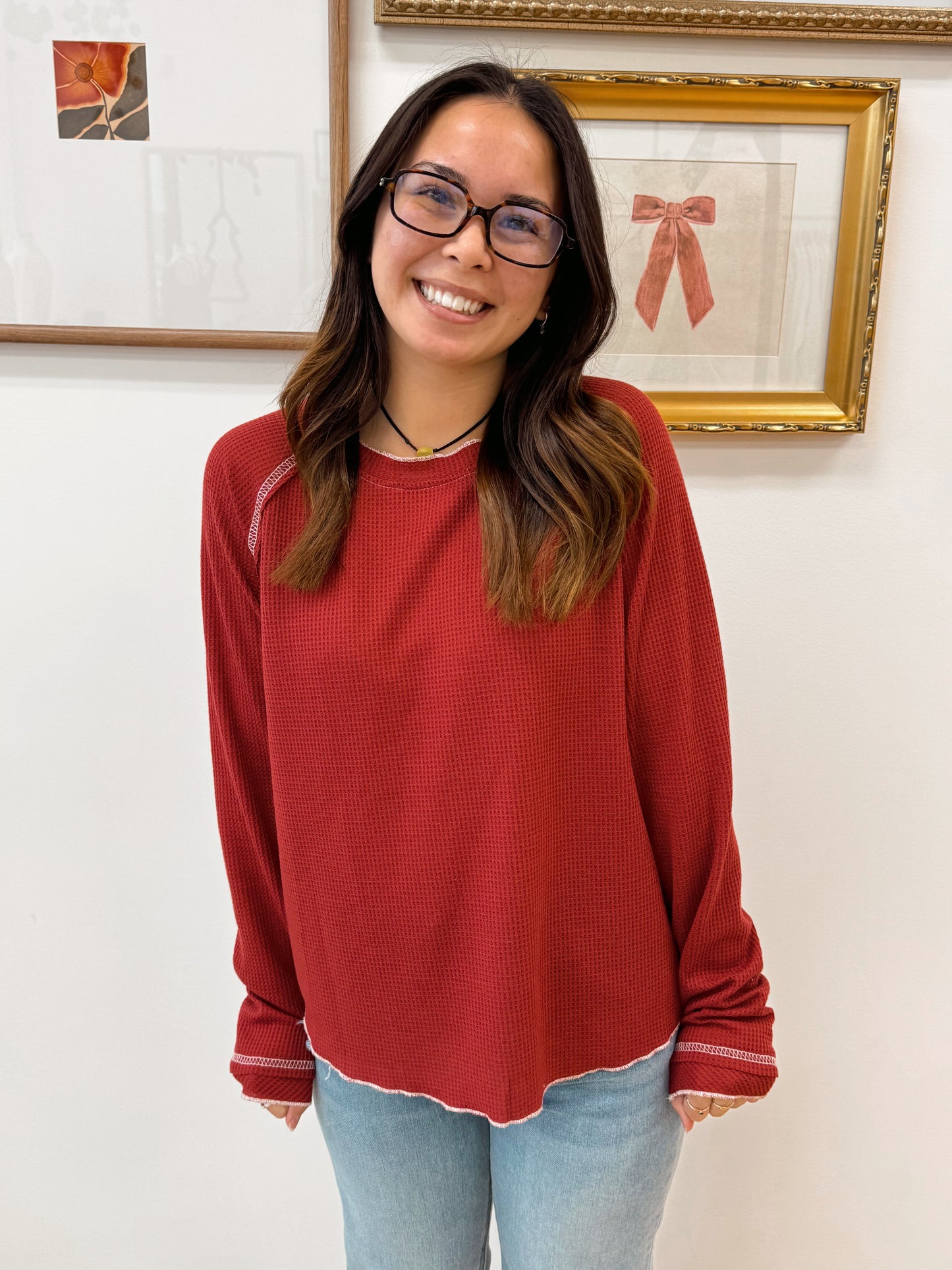 Waffle Knit Red Long Sleeve Top Shirts & Tops