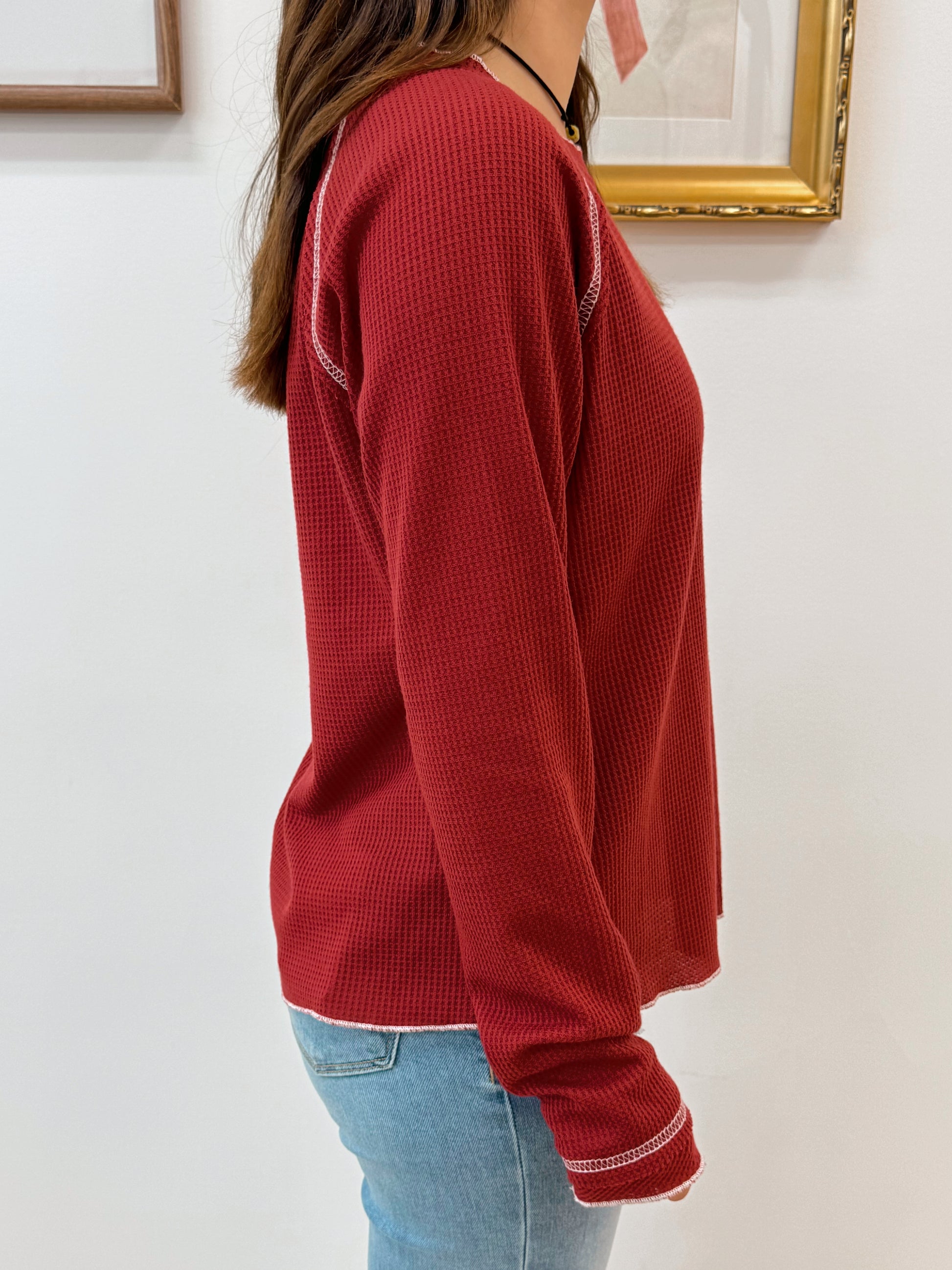 Waffle Knit Red Long Sleeve Top Shirts & Tops