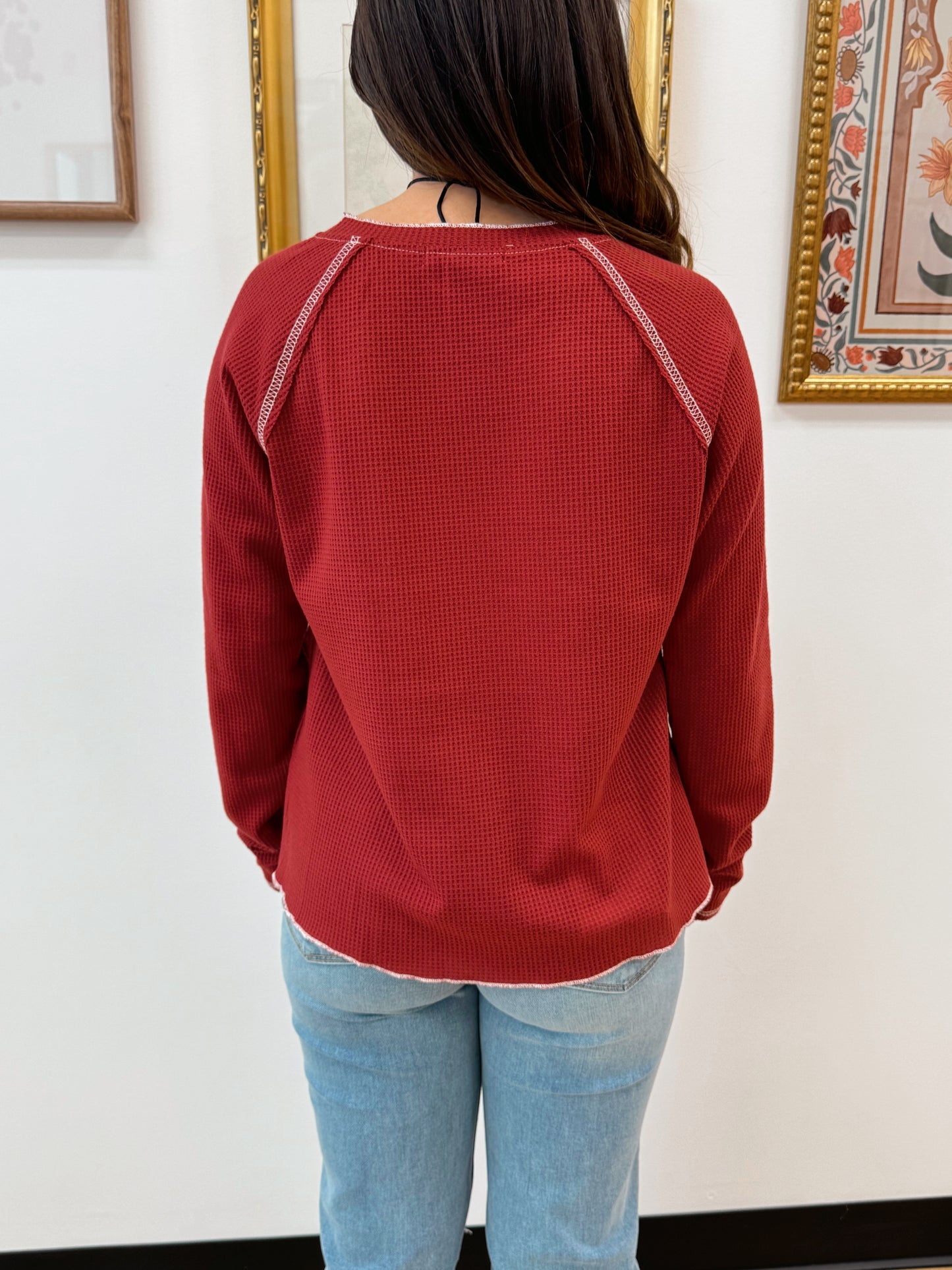 Waffle Knit Red Long Sleeve Top Shirts & Tops