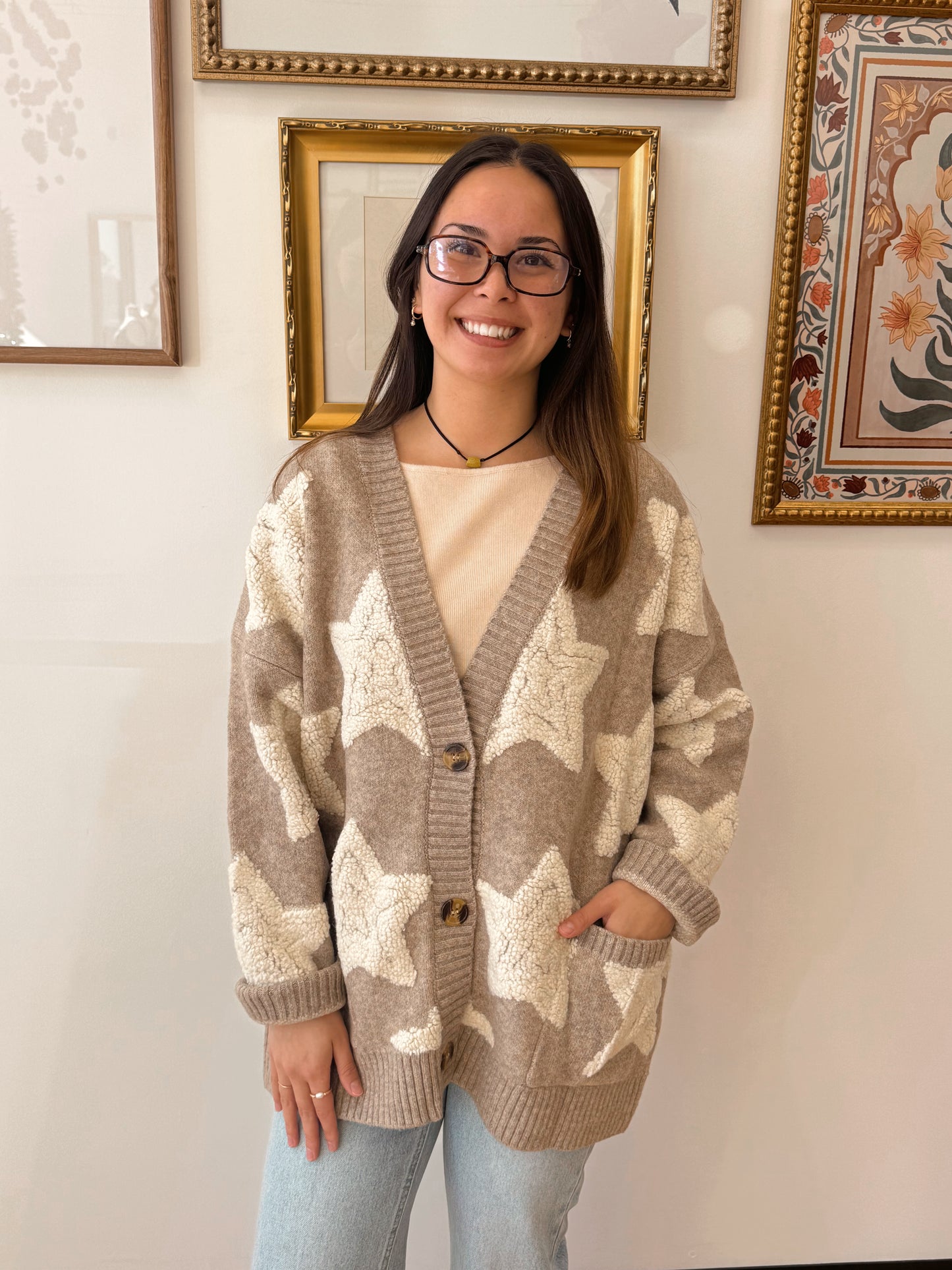 Khaki Sherpa Star Cardigan Shirts & Tops