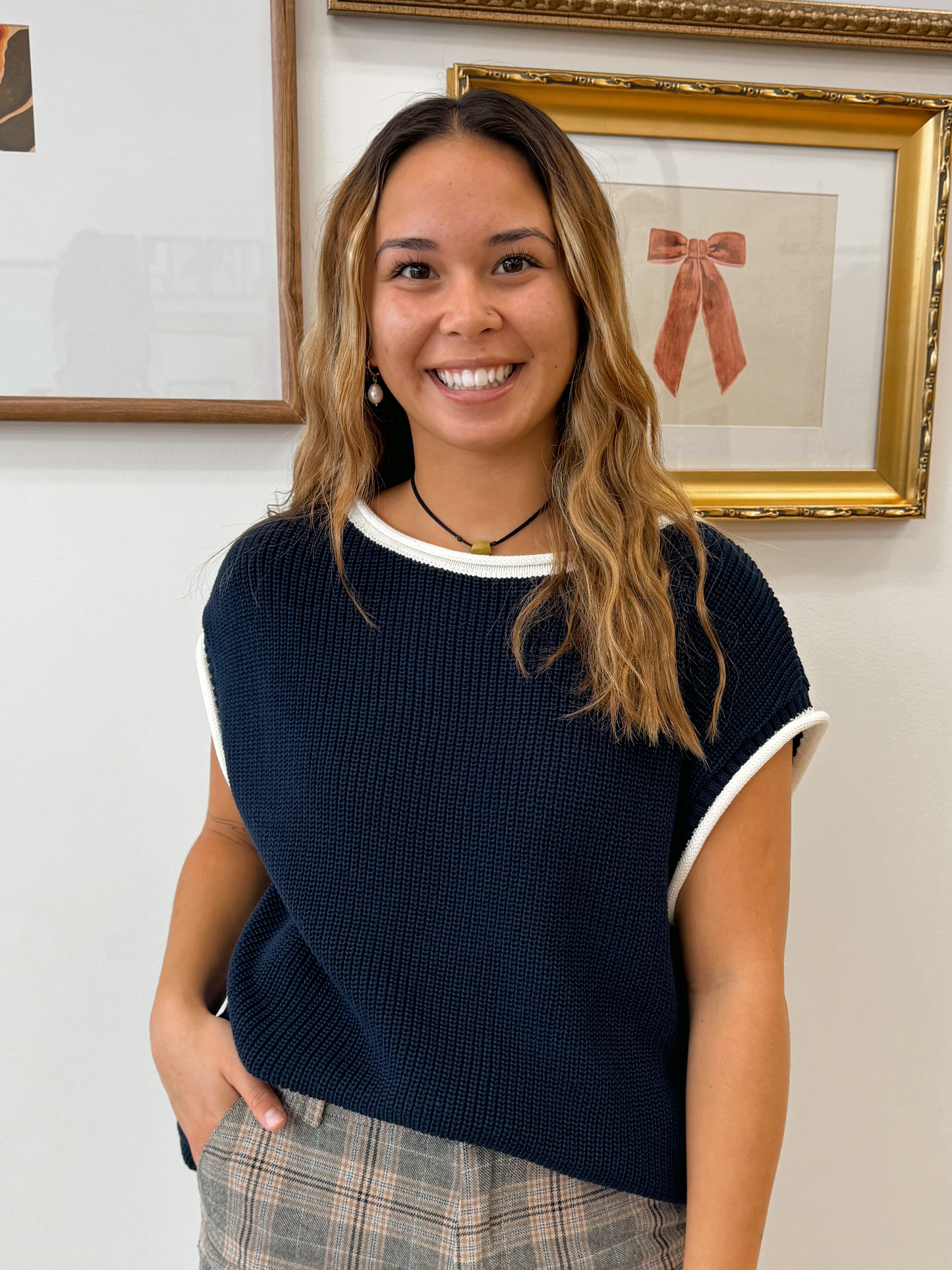 Navy Contrast Edge Sweater Vest Top