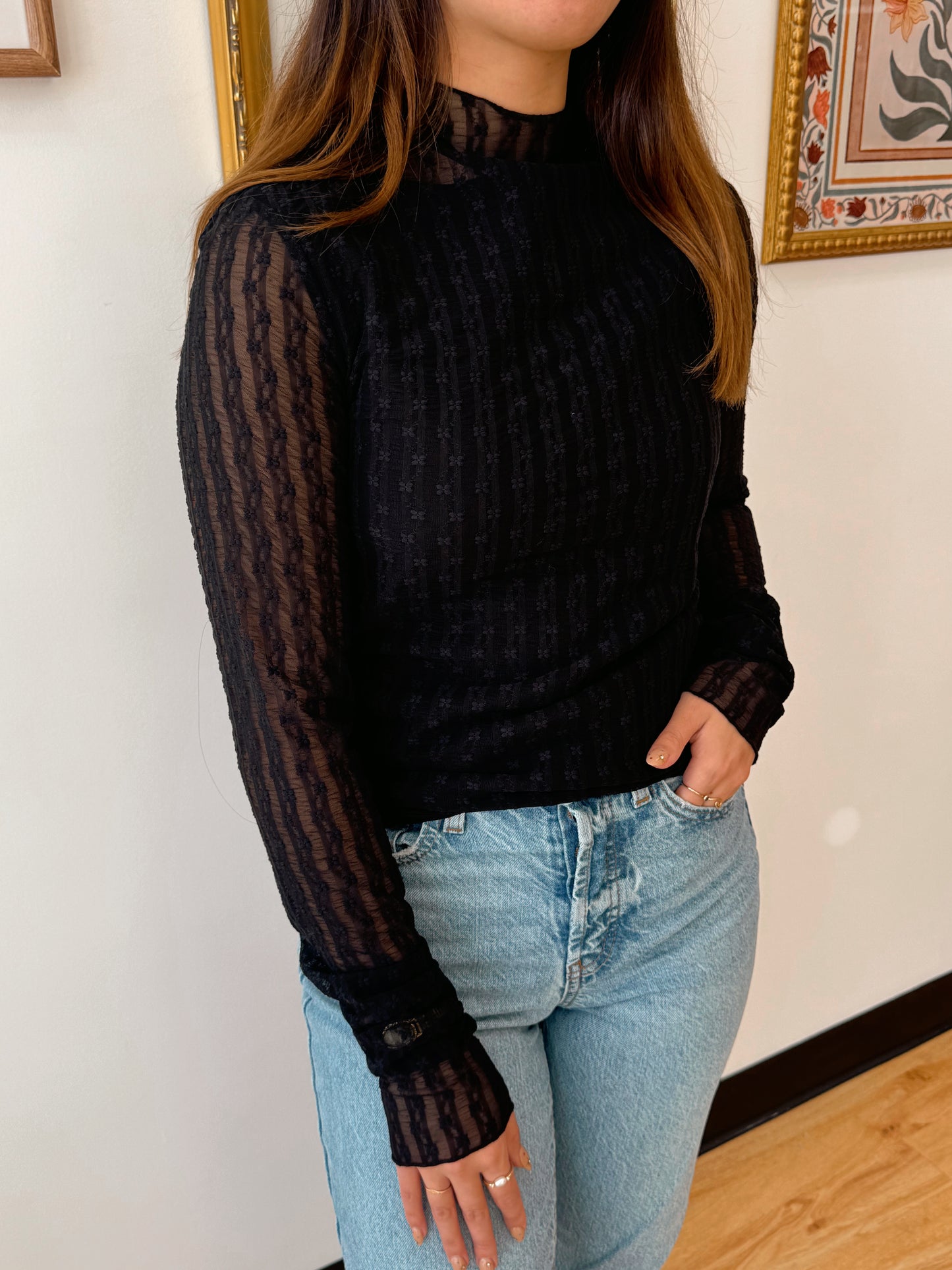 Textured Lace Long-Sleeve Layering Top Shirts & Tops