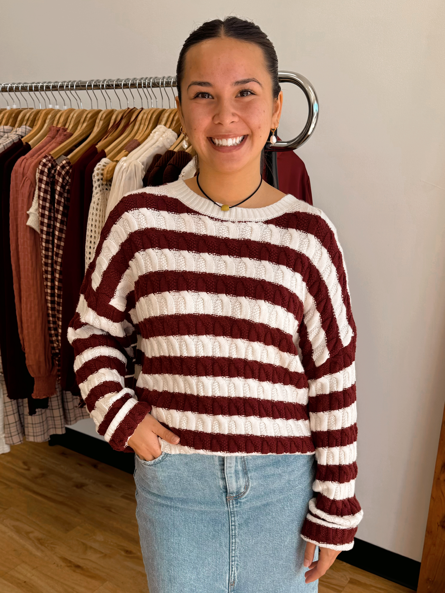 Stripe Cable Knit Crewneck Top