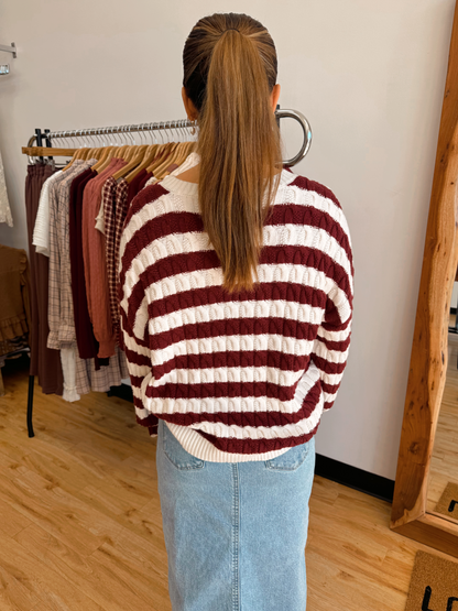 Stripe Cable Knit Crewneck Top