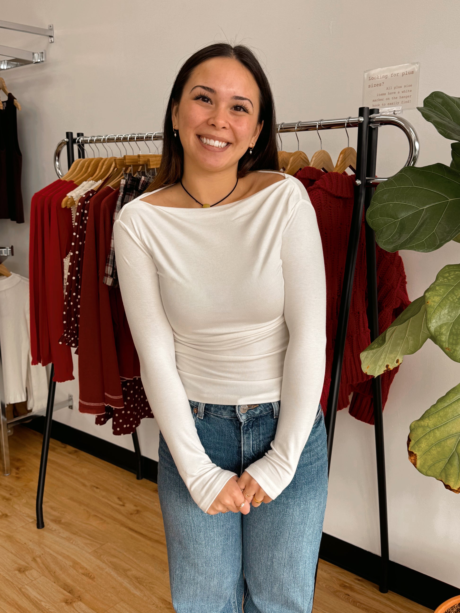 Boat Neck Long Sleeve Top White Shirts & Tops