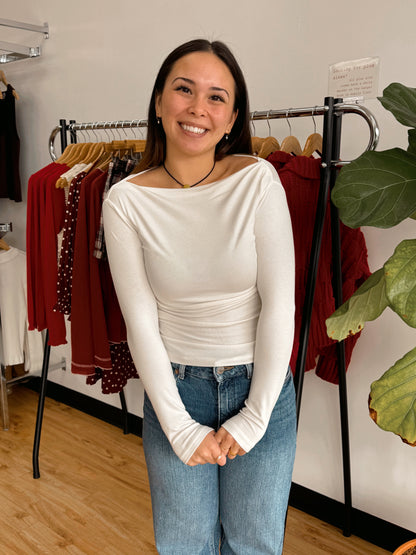 Boat Neck Long Sleeve Top White Shirts & Tops