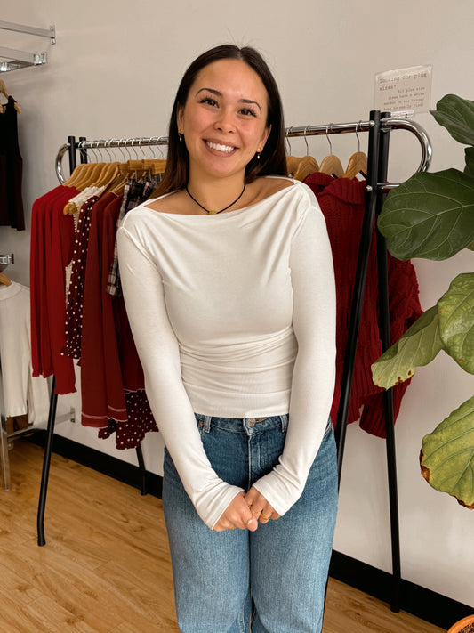 Boat Neck Long Sleeve Top White Shirts & Tops