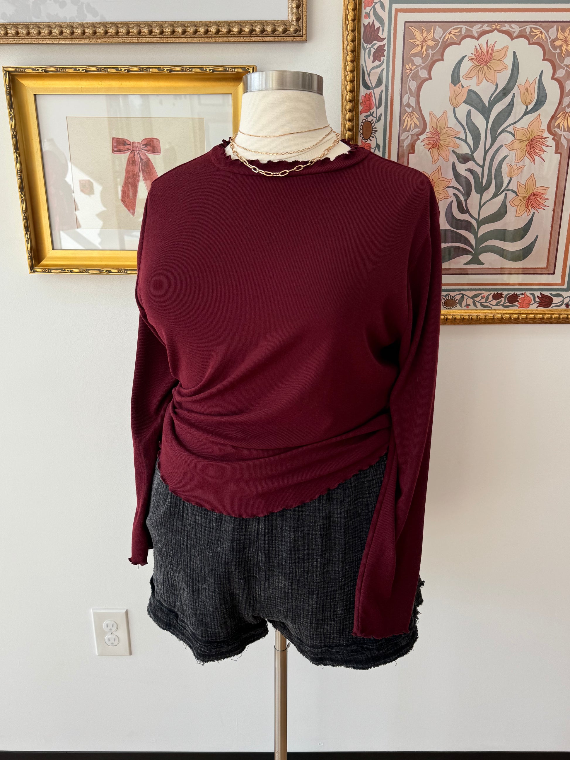 Maroon Lettuce Edge Long Sleeve Top Shirts & Tops