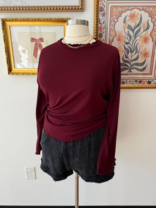 Maroon Lettuce Edge Long Sleeve Top Shirts & Tops