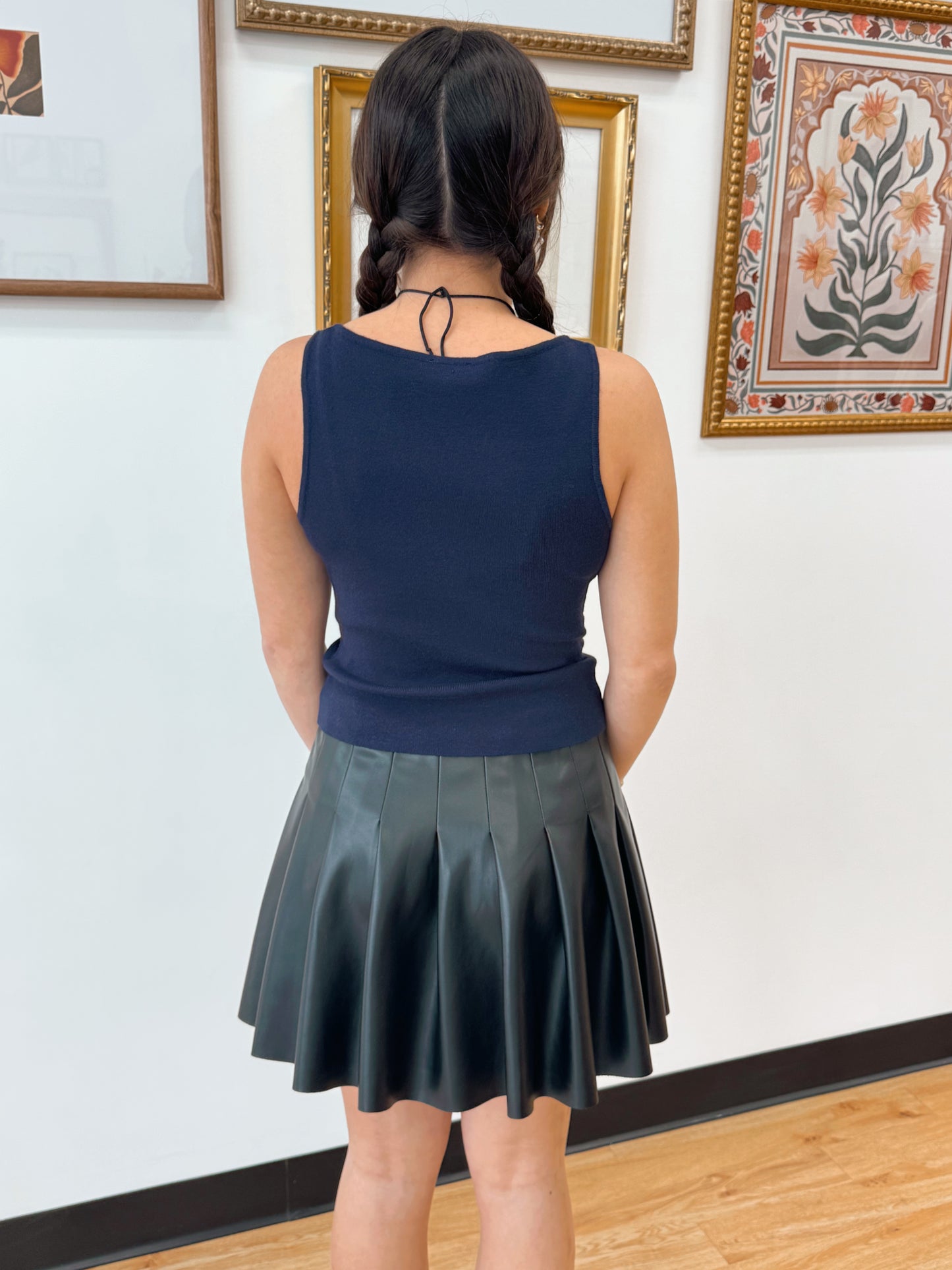 Solid Pleated Leather Mini Skirt