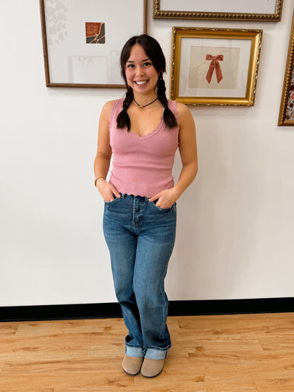 Scallop Edge Ribbed Tank Top Dusty Pink Shirts & Tops