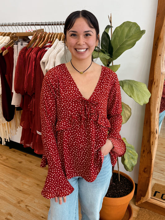 Dotted Ruffle Sleeve Top