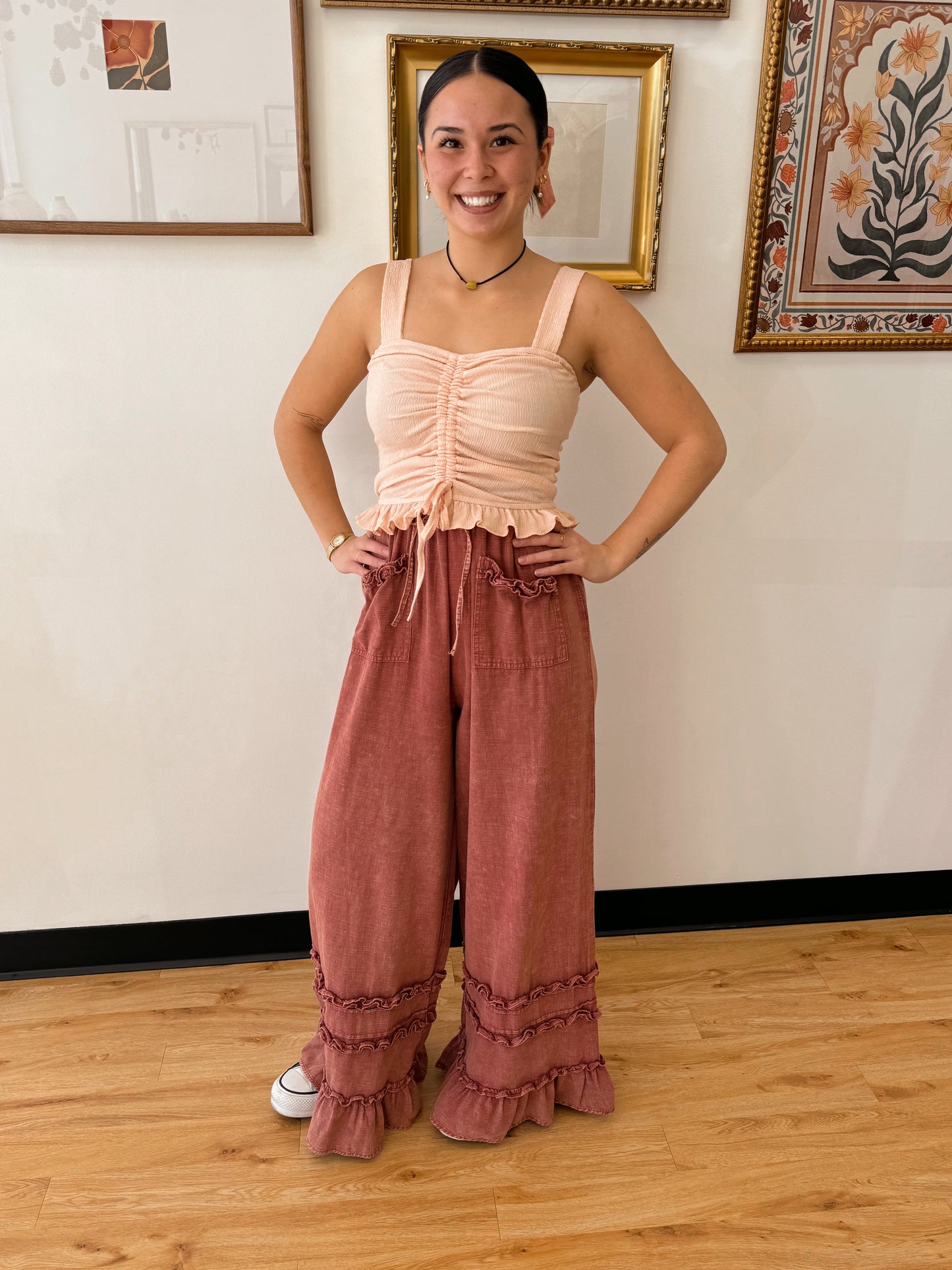 Ruffle Trim Linen Blend Pants