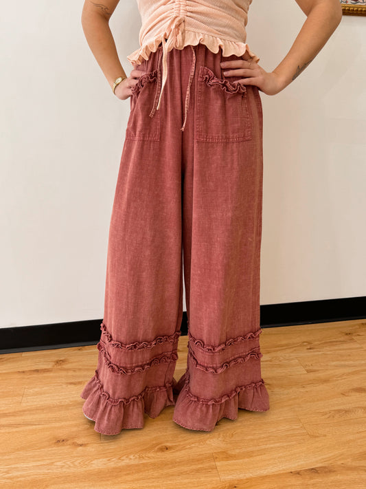 Ruffle Trim Linen Blend Pants