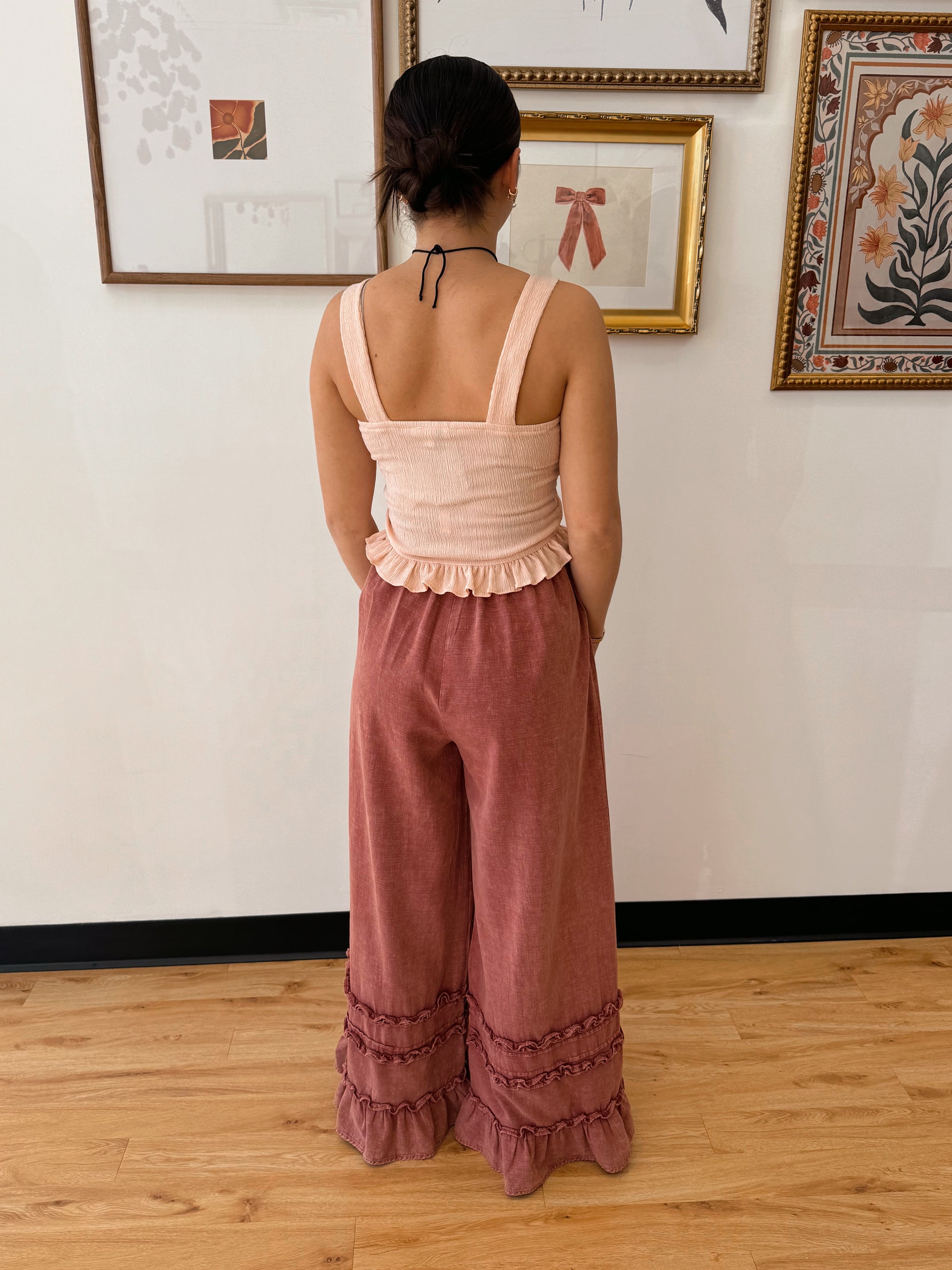 Ruffle Trim Linen Blend Pants