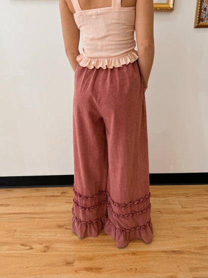 Ruffle Trim Linen Blend Pants