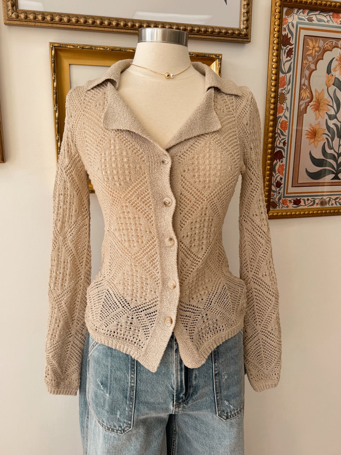 Pointelle Bell-Sleeve Cardigan