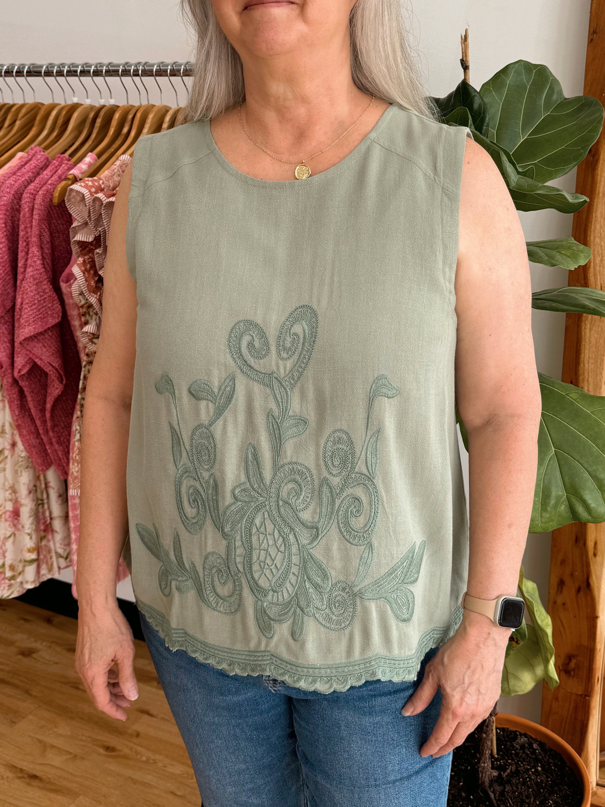 Sage Linen Embroidered Tank Top Shirts & Tops