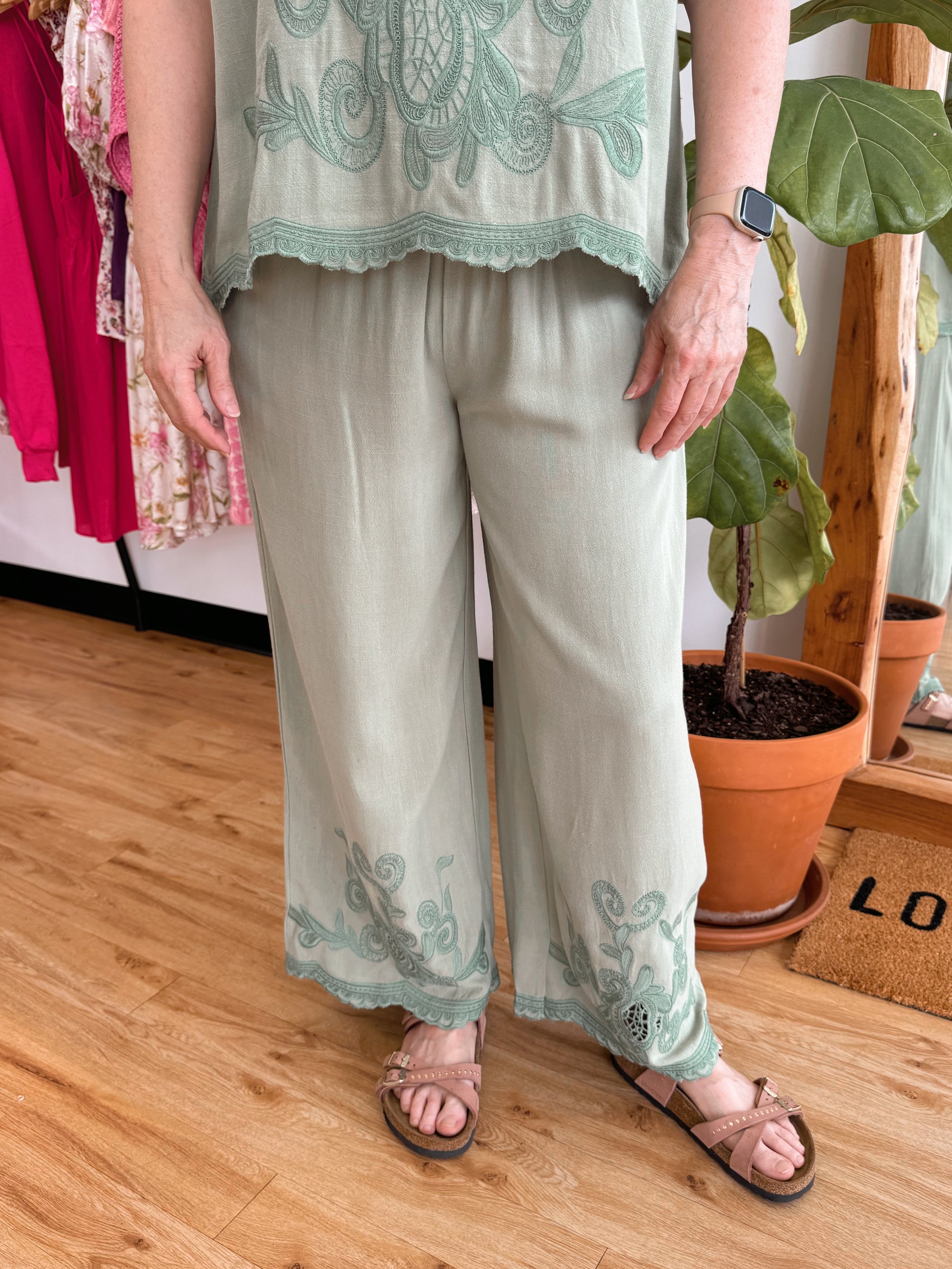 Sage Embroidered Linen Pants Bottoms