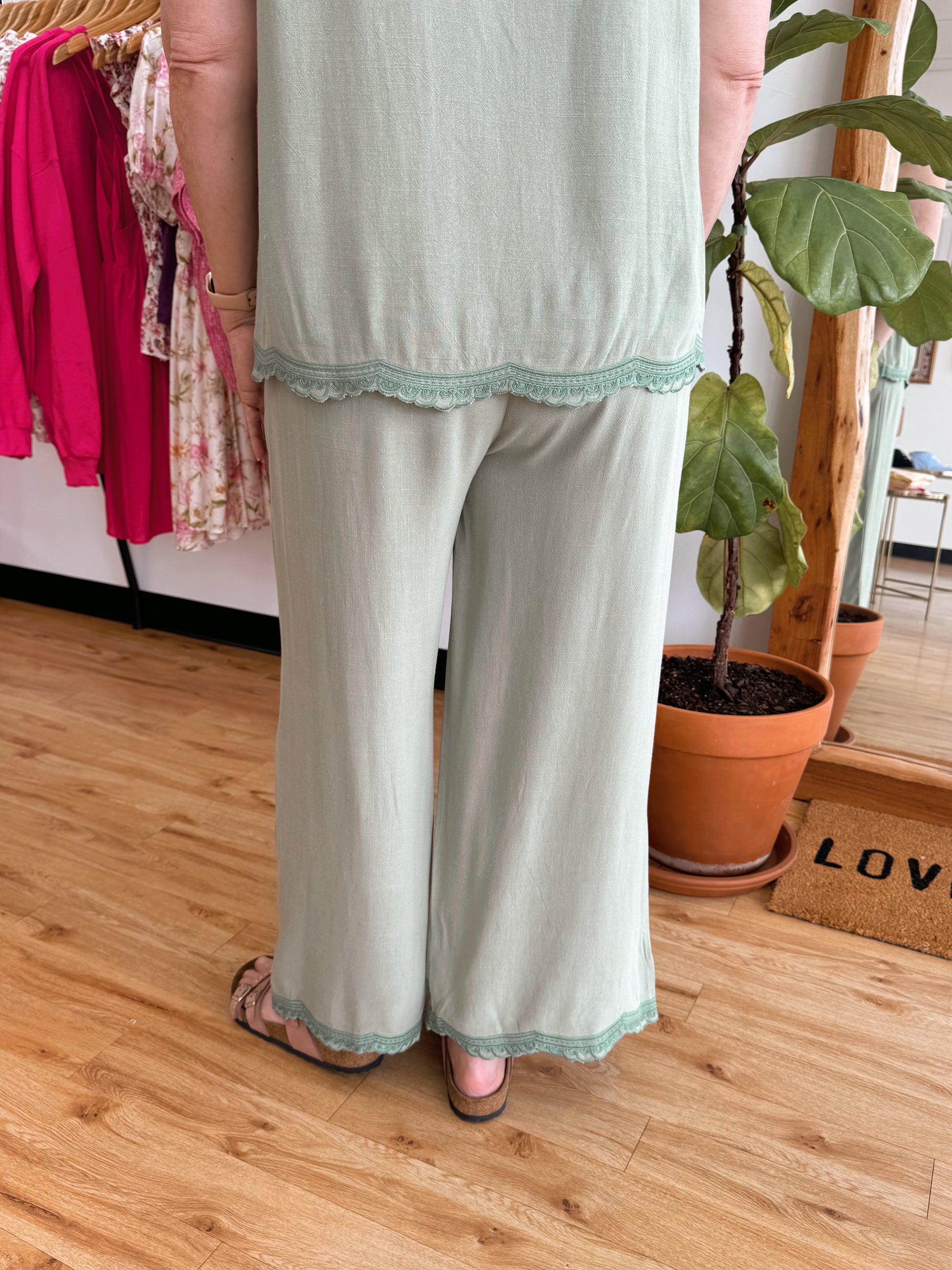 Sage Embroidered Linen Pants Bottoms