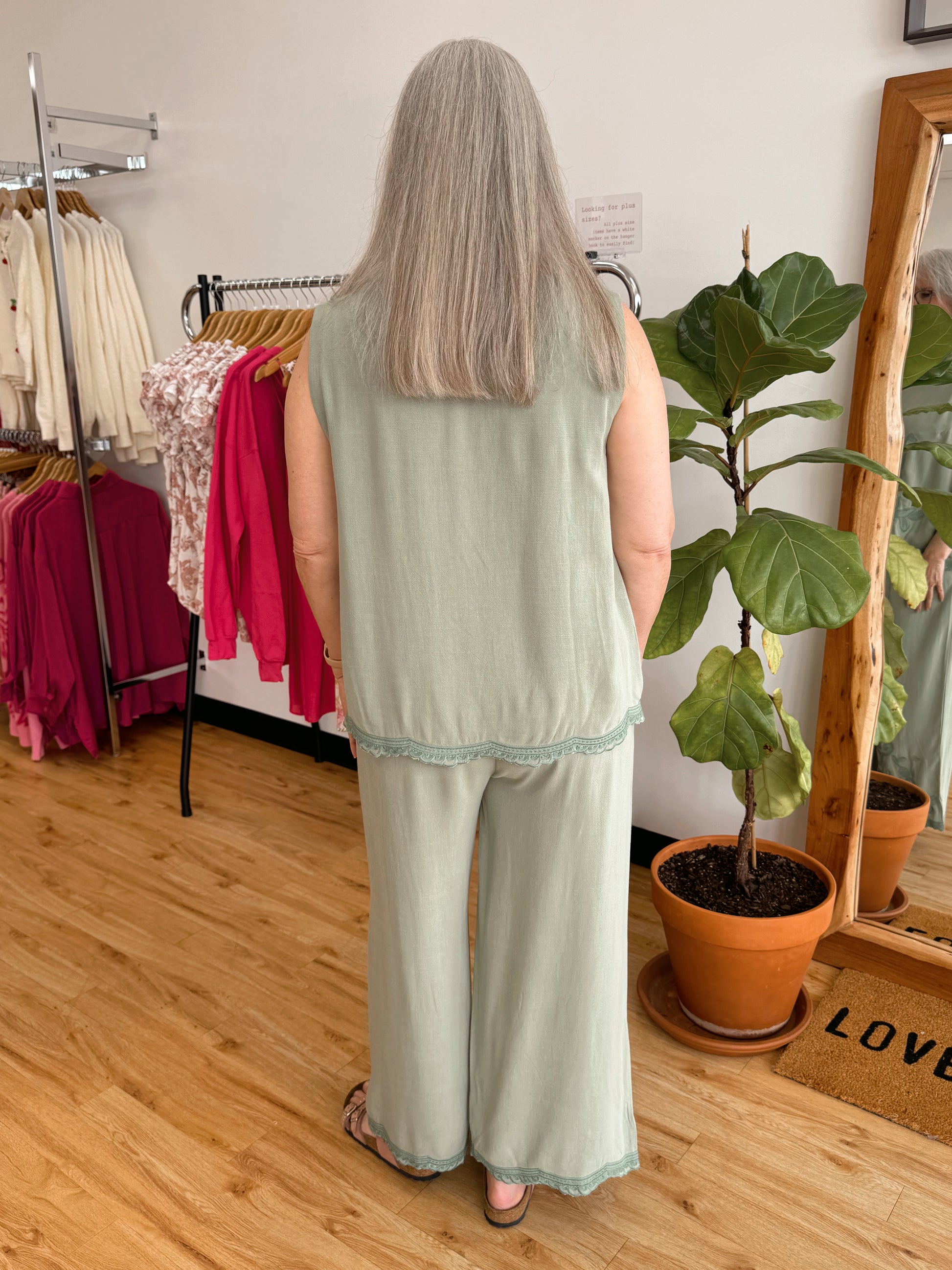 Sage Embroidered Linen Pants Bottoms