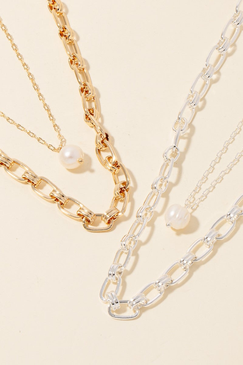 Long Chain and Pearl Layered Necklace