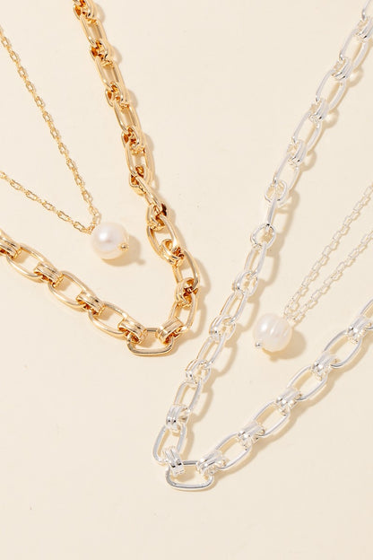 Long Chain and Pearl Layered Necklace