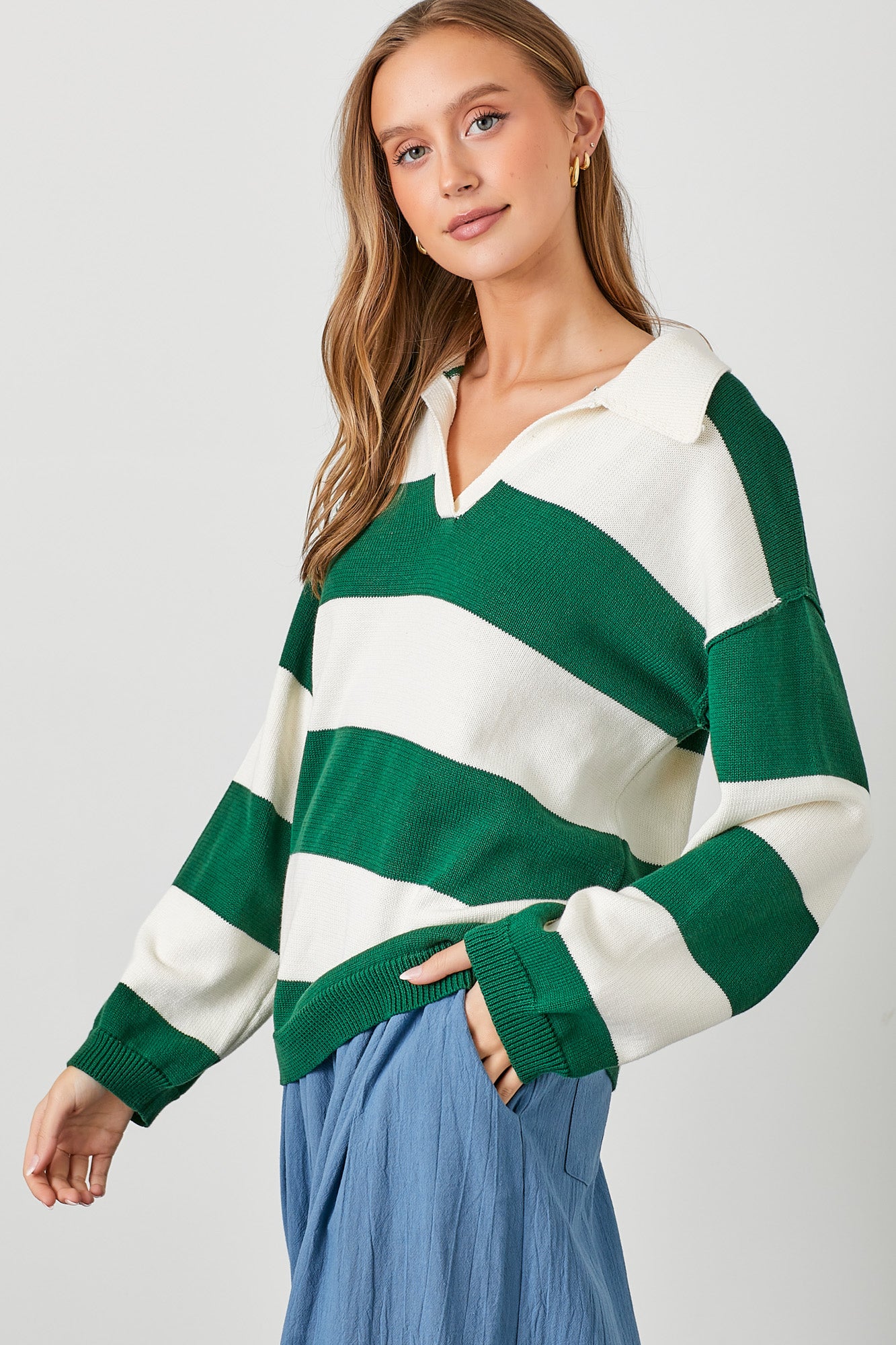 Green Striped Long Sleeve Top