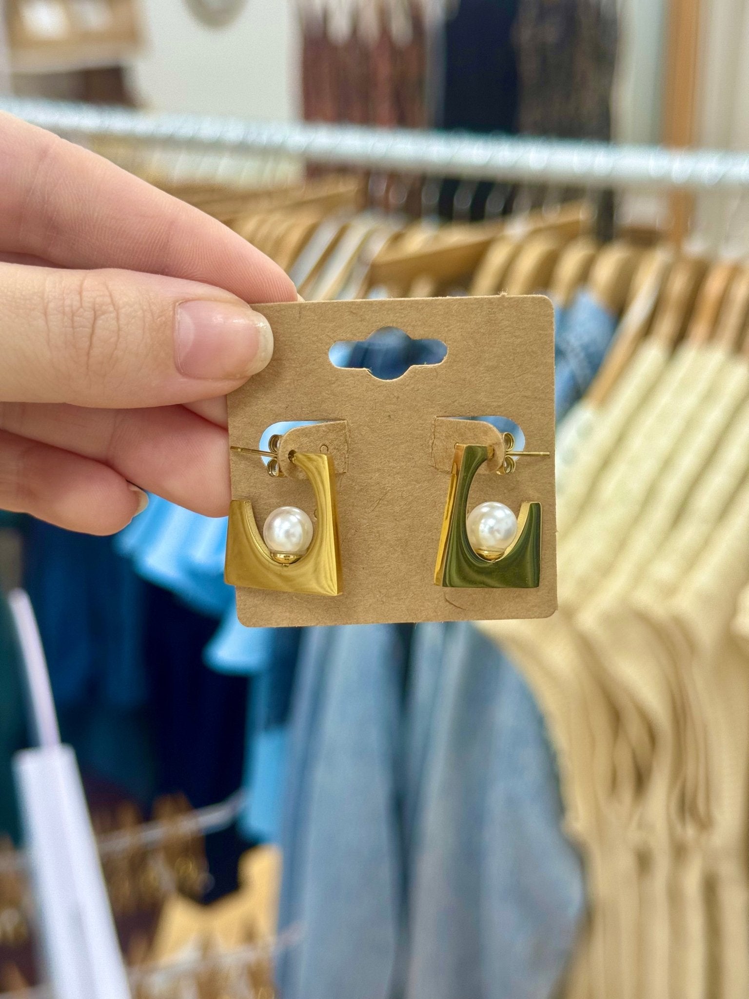 Abstract Square Pearl Hoops Earrings