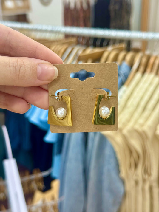 Abstract Square Pearl Hoops Earrings