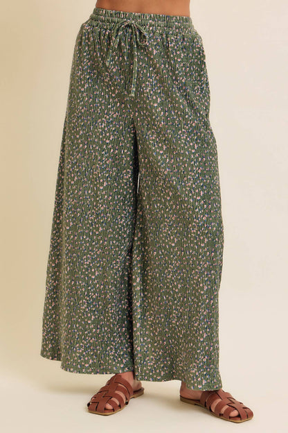 Pleated Floral Wide Leg Pants