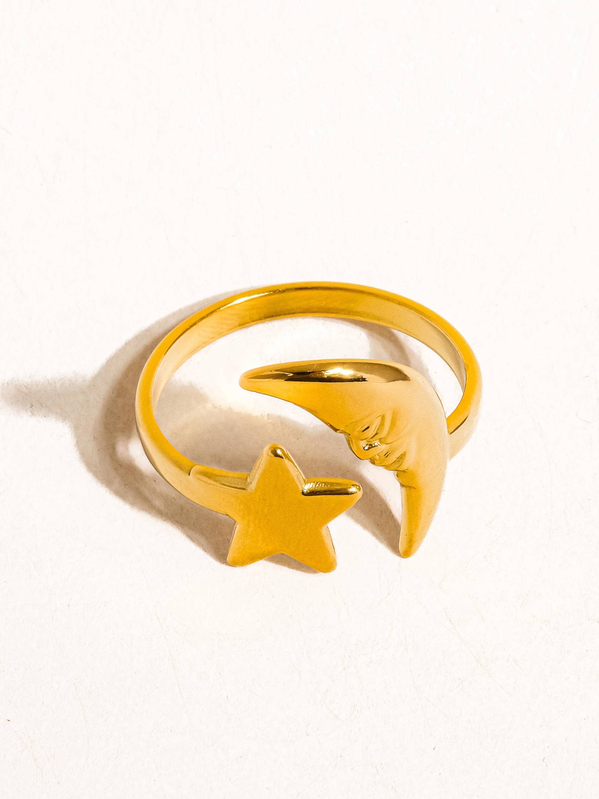 18K Gold Non-Tarnish Star and Moon Ring