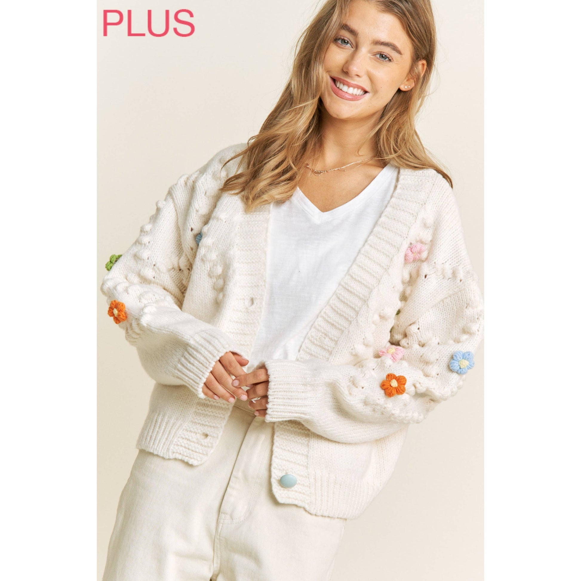 Plus Cream Flower Cardigan