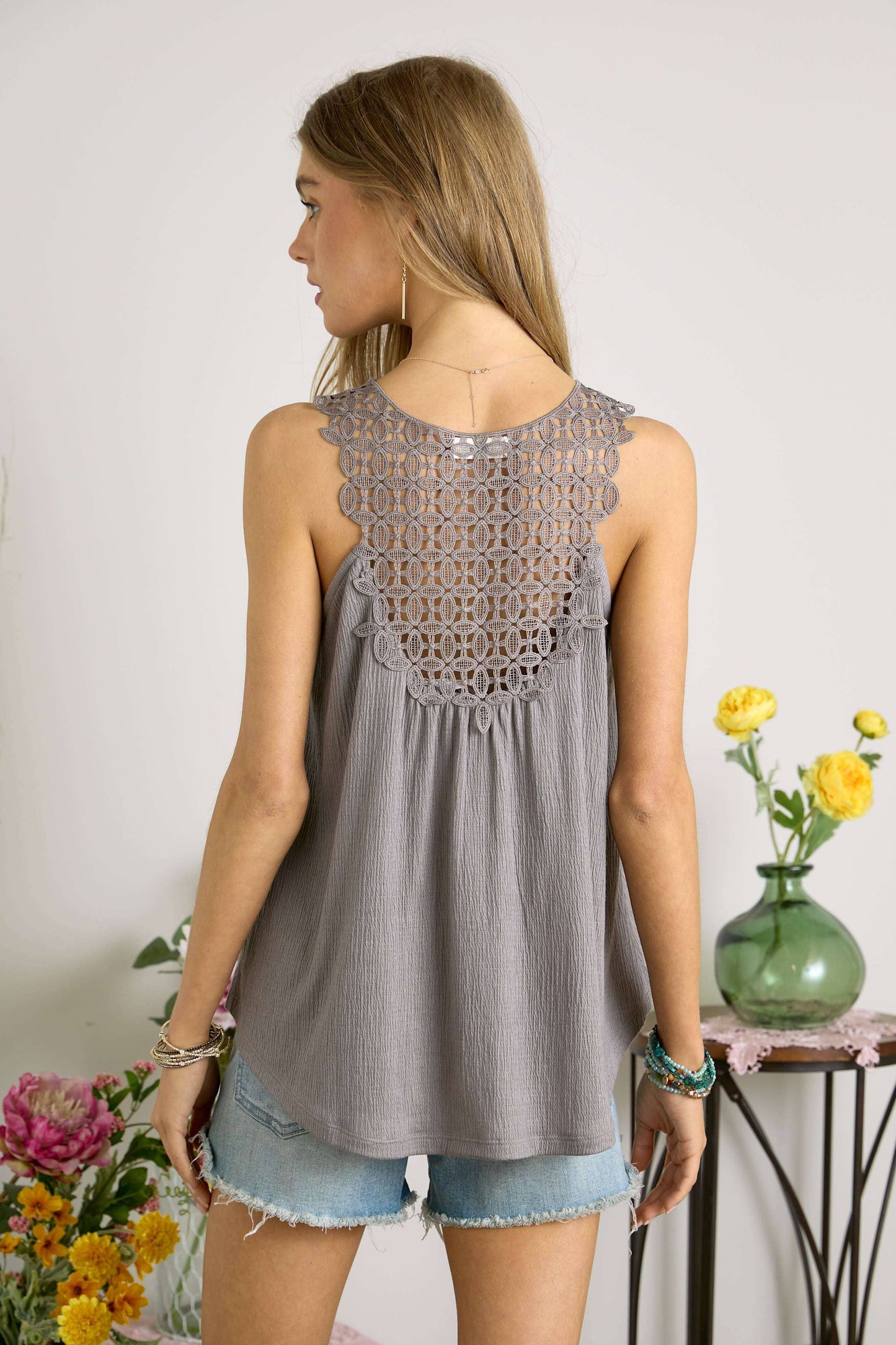 Lace Back Grey Tank Top