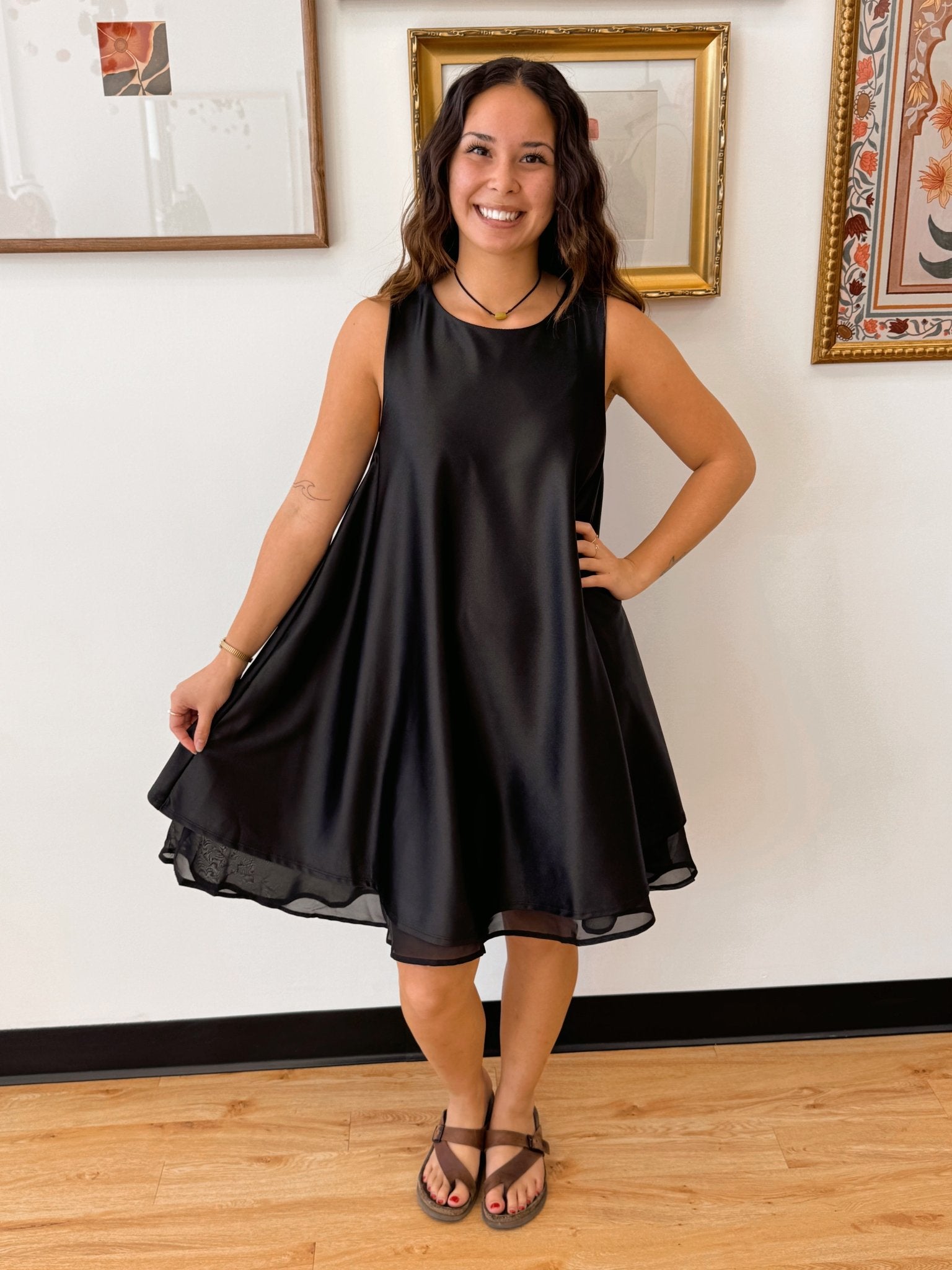 Black Satin Mesh Trim Dress Dress