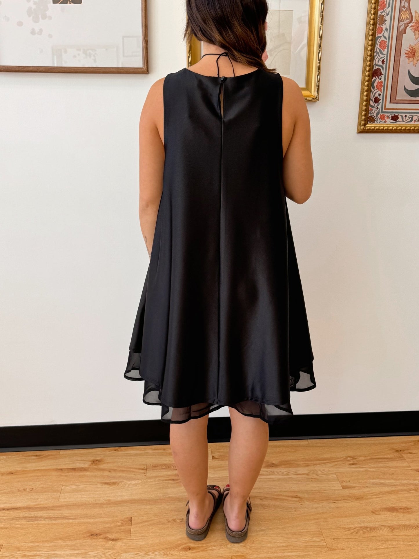 Black Satin Mesh Trim Dress Dress