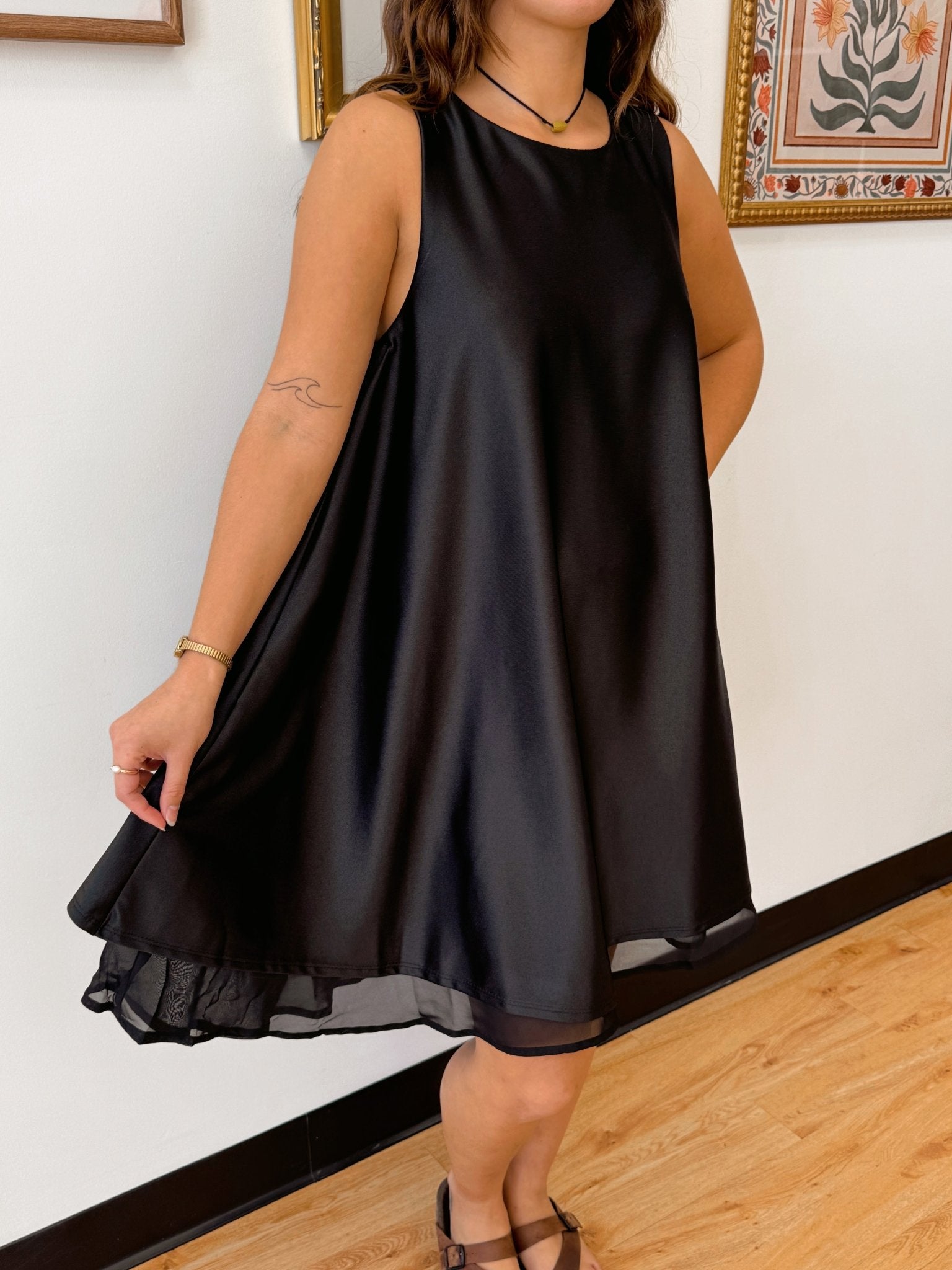 Black Satin Mesh Trim Dress Dress