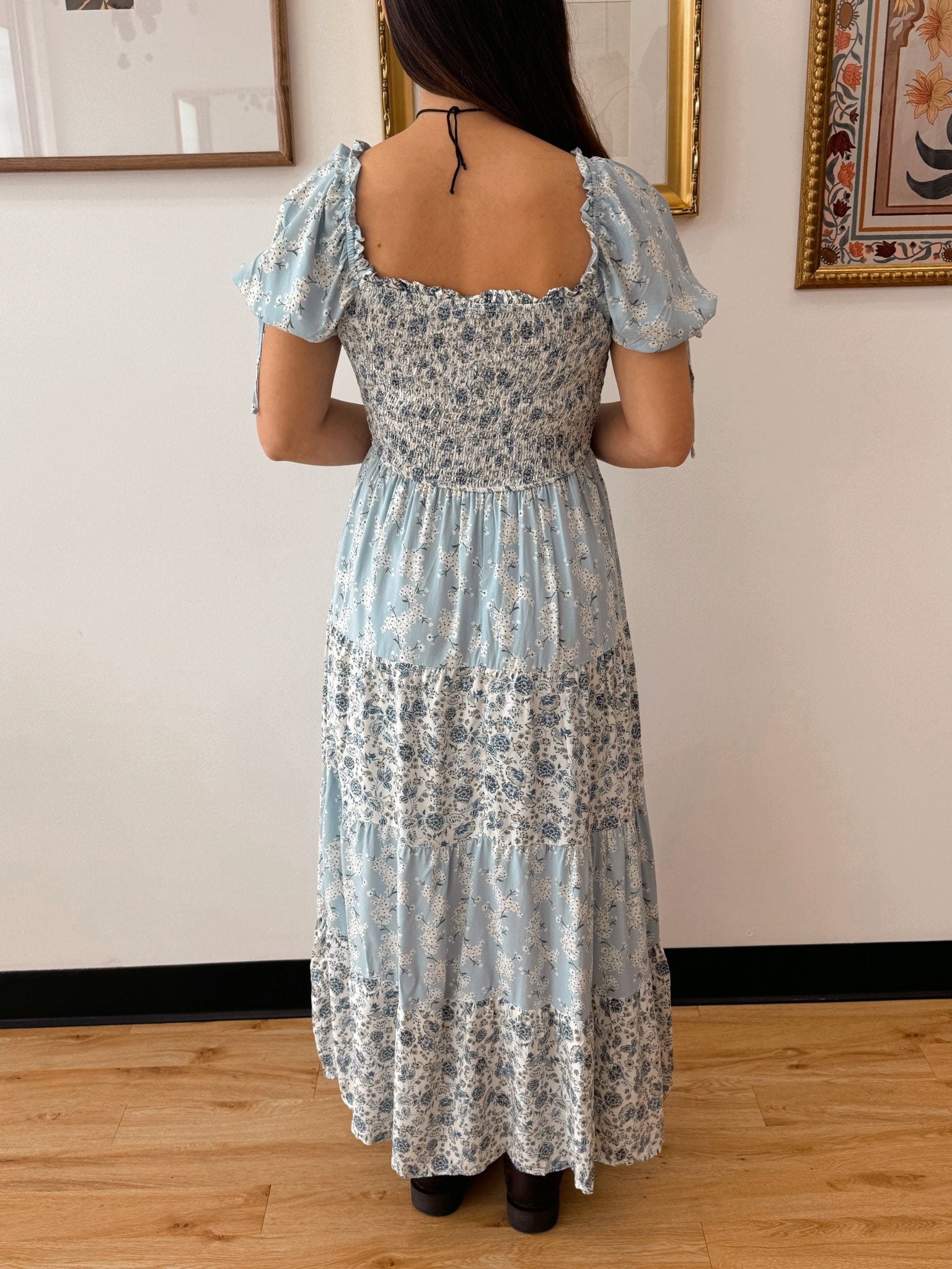 Blue Floral Colorblock Midi Dress Dress