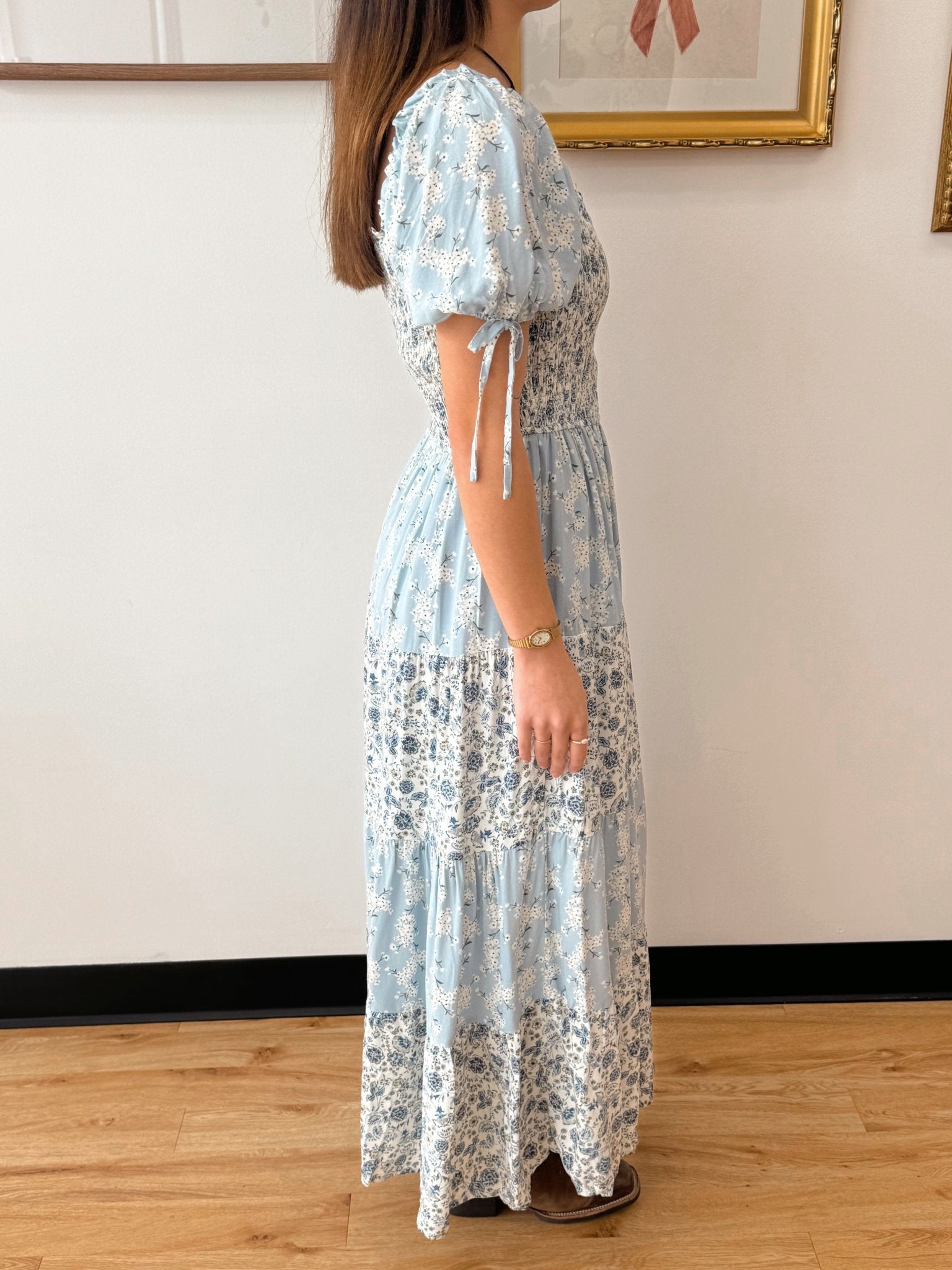 Blue Floral Colorblock Midi Dress Dress