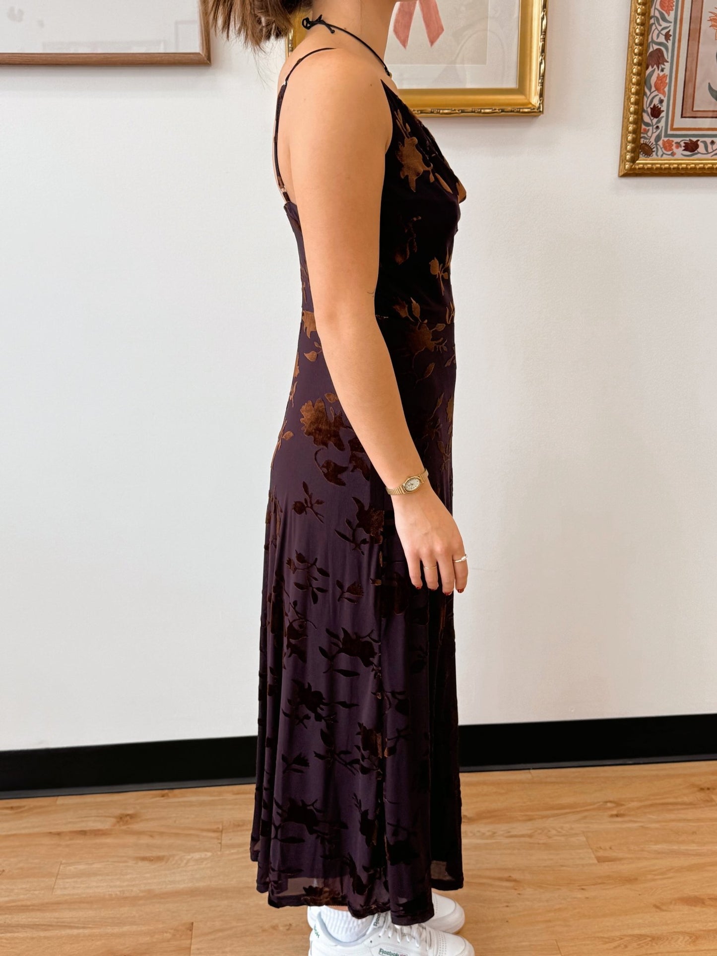 Bronze Floral Cowl Midi Dress Dress