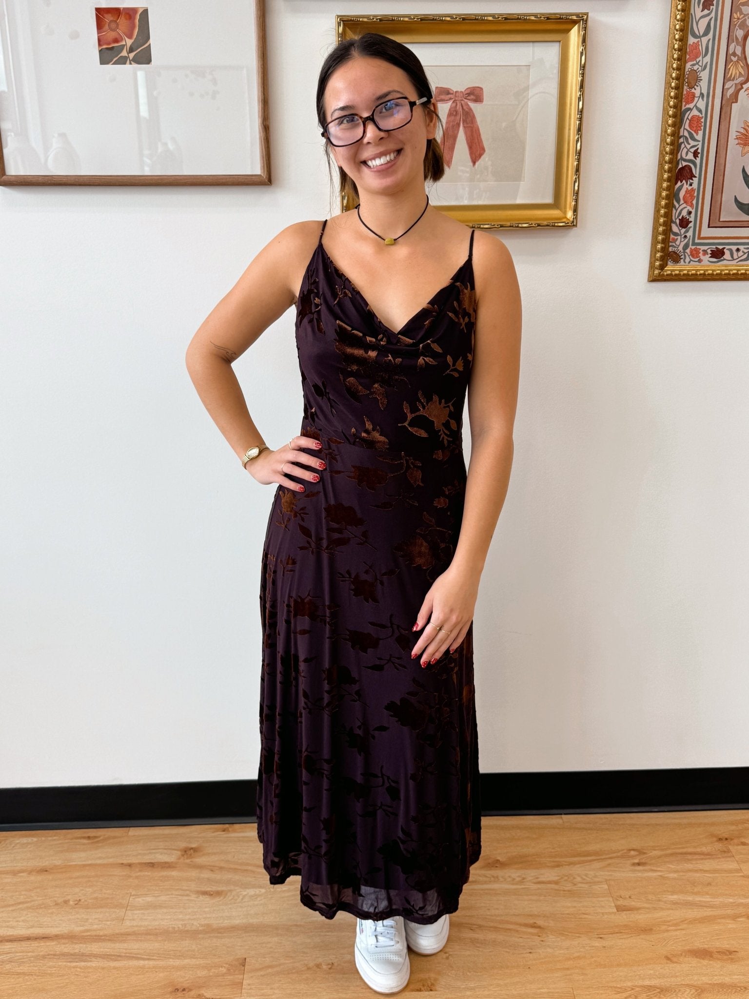 Bronze Floral Cowl Midi Dress Dress