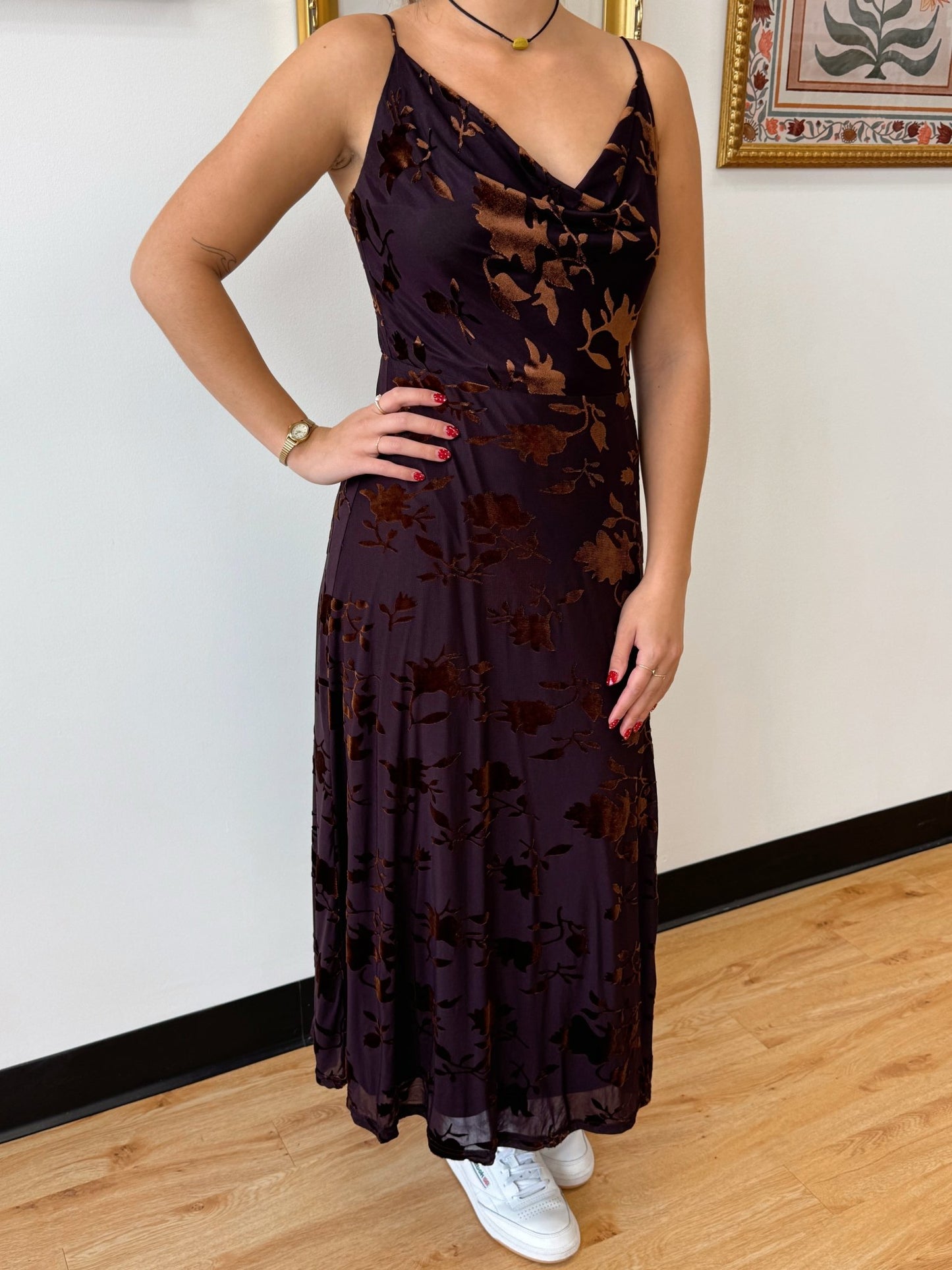 Bronze Floral Cowl Midi Dress Dress
