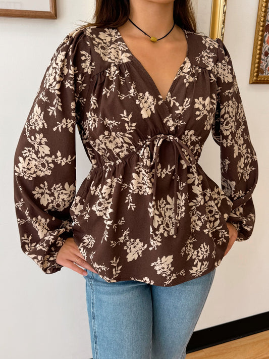 Brown Floral Long Sleeve Top